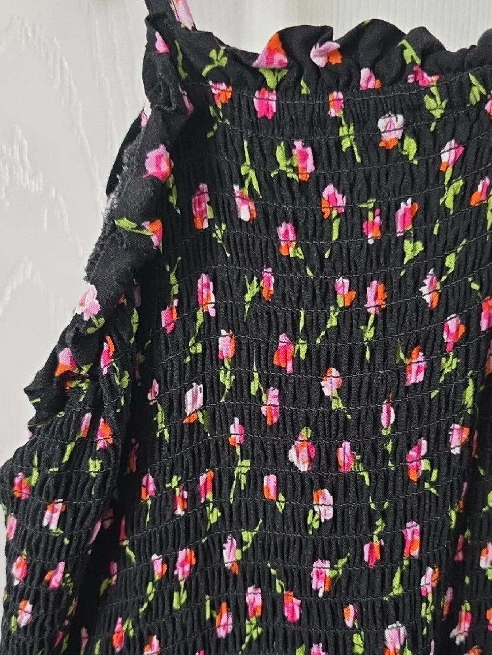 Black Floral Tiered Maxi Dress with Pink & Green Print